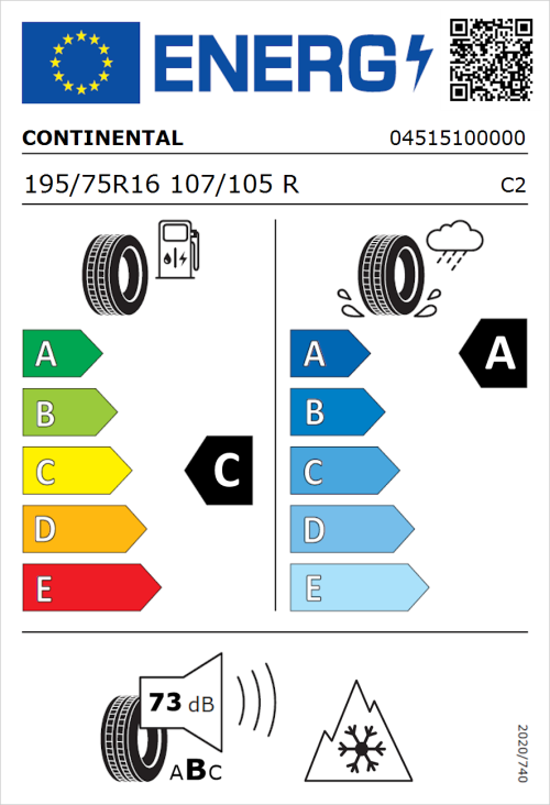Tyre Label for Continental Vanco FourSeason 195/75R16 107/105R