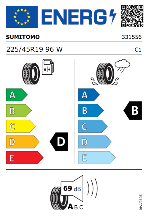 Tyre Label for Sumitomo BC100 225/45R19 96W