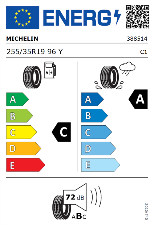 Tyre Label for Michelin Pilot Sport 4 (Zero Pressure) 255/35R19 96Y
