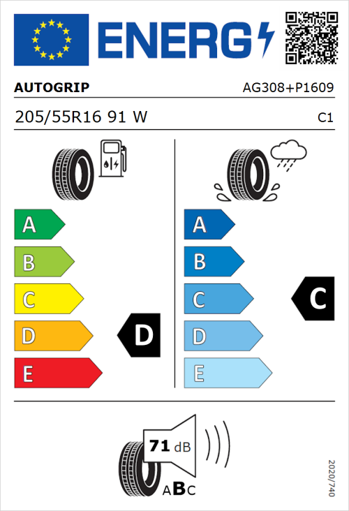 Tyre Label for Autogrip P308 Plus 205/55R16 91W