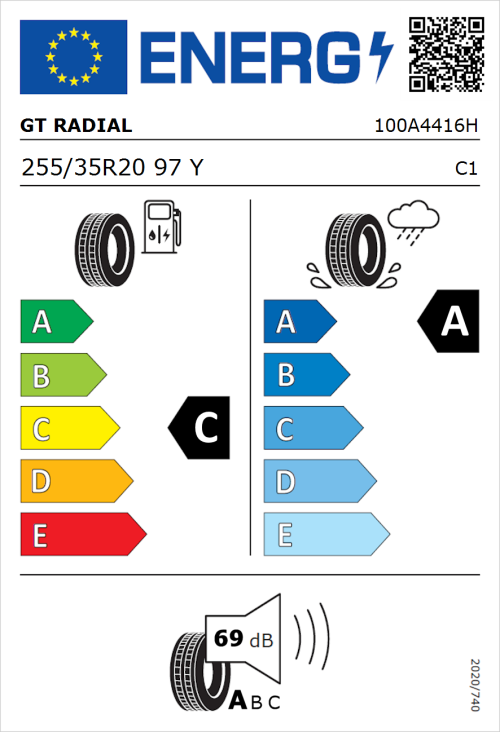 Tyre Label for GT Radial SportActive 2 255/35R20 97Y