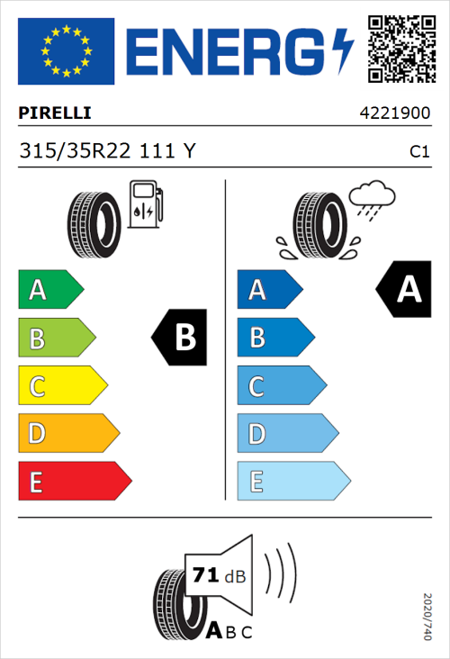 Tyre Label for Pirelli P Zero (PZ4) Sport Car 315/35R22 111Y