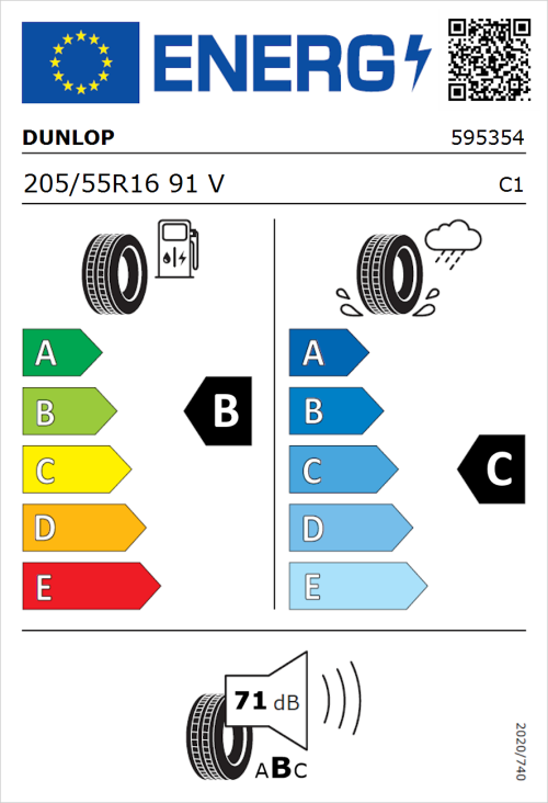 Tyre Label for Dunlop Sport BluResponse 205/55R16 91V