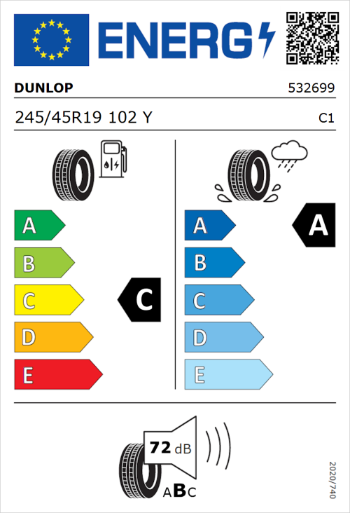 Tyre Label for Dunlop SP Sport Maxx RT 2 245/45R19 102Y